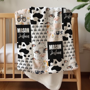 Couverture vache, couverture personnalisée pour bébé, vaches, tracteur, couverture câlin minky thème de la ferme pour tout-petit, couverture avec nom