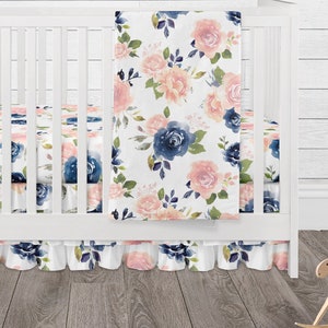 Floral Crib Bedding Set for Baby Girl Nursery, Navy Blue and Pink Watercolor Baby Bedding