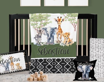 Safari Crib Bedding Set, Safari Nursery, Boy Personalized Crib Set, Elephant, Giraffe, Zebra, Lion Cub Baby Animals Bedding