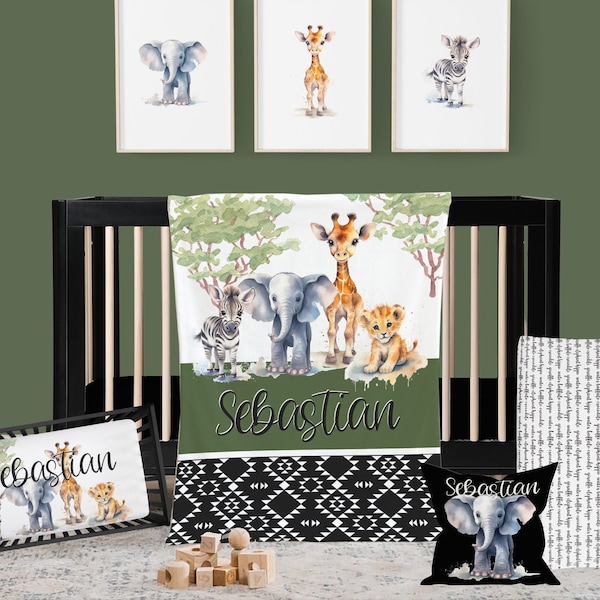 Safari Crib Bedding Set, Safari Nursery, Boy Personalized Crib Set, Elephant, Giraffe, Zebra, Lion Cub Baby Animals Bedding