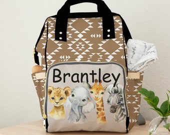 Personalized Diaper Bag Backpack, Safari Baby Animals Nappy Bag, Baby Name Gift, Personalized Diaper Bag, Jungle Theme Baby Shower Gift