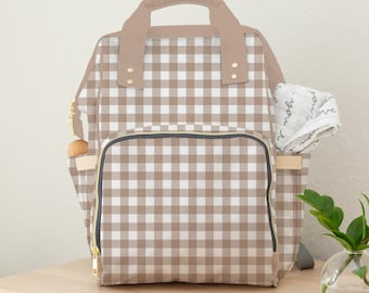 Diaper Bag Backpack in Tan Gingham Checker, Neutral Backpack Diaper Bag, Check Diaper Bag, Baby Shower Gift