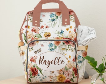 Wildflower Diaper Bag Baby Girl, Customizable Floral Diaper Bag with Name, Personalized Backpack Diaper Bag, Baby Girl Gift