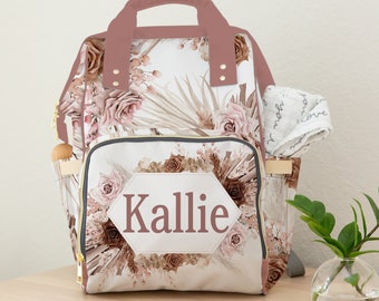 Personalized Floral Diaper Bag Backpack: Stylish Nylon Baby Bag