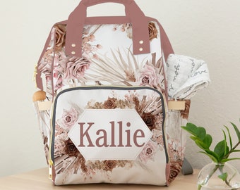 Diaper Bag Backpack Baby Girl, Pink and Brown Personalized Backpack Diaper Bag, Boho Diaper Bag with Name, Custom Baby Girl Shower Gift