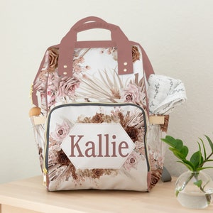 Diaper Bag Backpack Baby Girl, Pink and Brown Personalized Backpack Diaper Bag, Boho Diaper Bag with Name, Custom Baby Girl Shower Gift