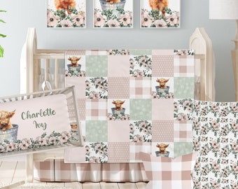 Highland Cow Baby Bedding, Crib Bedding Girl, Farm Nursery Bedding Set, Pink and Sage Green Crib Bedding, Farm Nursery Decor