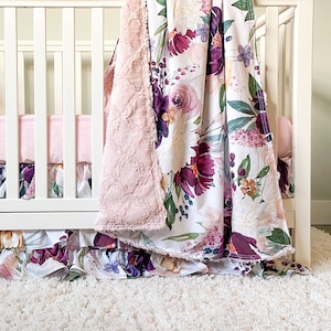 Floral Baby Girl Crib Set, Nursery Bedding in Burgundy, Purple and Pink Flower Bedding