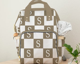 Custom Diaper Bag Backpack, Monogrammed Tan Checkered Backpack Diaper Bag, Personalized Baby Gift