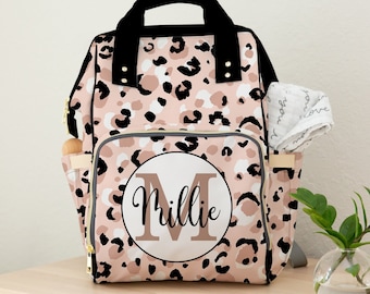 Girl Diaper Bag, Cheetah Print Backpack Diaper Bag in Pink and Black with Baby Name, Personalized Baby Girl Shower Gift