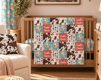 May include: A patchwork blanket featuring a repeating pattern of cowhide prints, floral bouquets, cowboy boots, and arrows in shades of brown, pink, and turquoise. Several squares display the name Giselle Charlie in white cursive script.