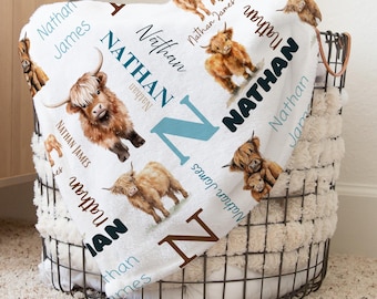 Highland Cow Baby Blanket, Personalized Gift Baby Boy, Custom Nursery Decor