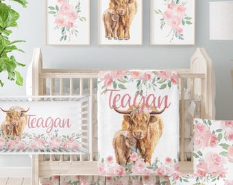 Highland Cow Nursery Decor, Personalized Baby Girl Crib Bedding