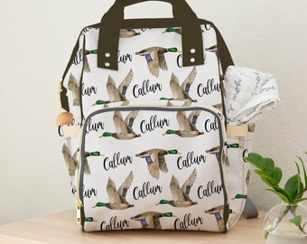 Diaper Bag Backpack Mallard Duck, Personalized Baby Diaper Bag, Neutral Duck Theme Backpack Diaper Bag, Baby Name Diaper Bag, Shower Gift