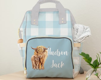 Personalized Highland Cow Diaper Bag Backpack: Western Baby Boy Shower Gift