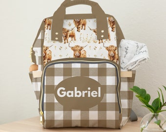 Personalized Highland Cow Diaper Bag Backpack: Nylon Baby Bag