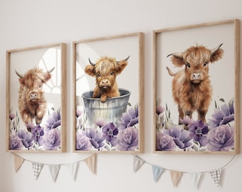 Highland Cow Nursery Art Prints: Purple Floral Farmhouse Decor, Set of Three