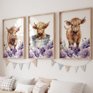 Highland Cow Nursery Art Prints: Purple Floral Farmhouse Decor, Set of Three