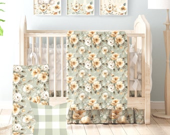 Floral Crib Bedding Set, Baby Girl Sage and Cream Nursery Bedding, Baby Bedding Set Girl, Green Floral Nursery Bedding Set