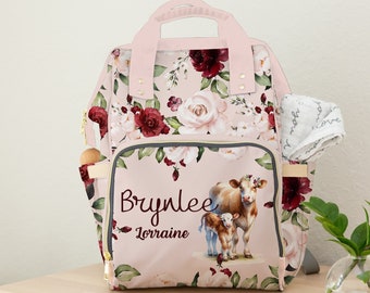 Personalized Cow Floral Diaper Bag Backpack: New Mom Gift