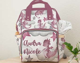 Personalized Dragon Diaper Bag, Backpack, Baby Girl Nursery Decor, Dragon Baby Girl Shower Gift, Fantasy Nursery, Baby Name Bag