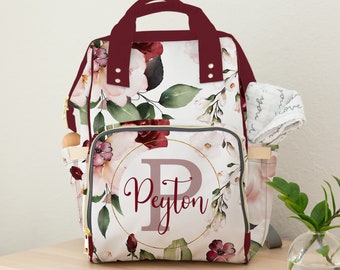 Personalized Baby Girl Diaper Bag: Pink Burgundy Floral Backpack
