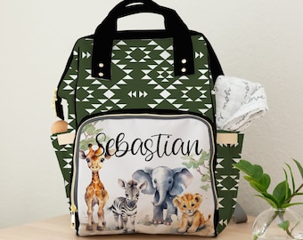 Diaper Bag in Safari Animals Theme, Green Personalized Baby Diaper Bag Backpack, Baby Boy Shower Gift