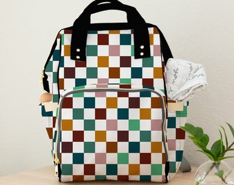 Diaper Bag Backpack in Colorful Checker, Neutral Backpack Diaper Bag, Check Diaper Bag, Baby Shower Gift