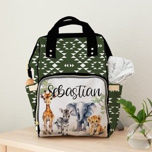 Diaper Bag in Safari Animals Theme, Green Personalized Baby Diaper Bag Backpack, Baby Boy Shower Gift