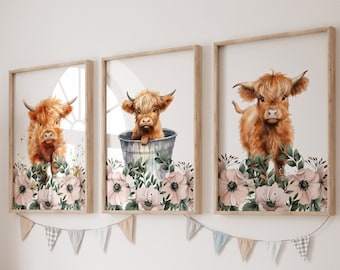Highland Cow Nursery Art Prints: Pink Floral Farm Decor (Set of Three)