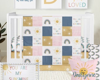 Boho Rainbow Baby Girl Set, You are my Sunshine, Rainbow Nursery, Boho Crib Bedding, Pink Crib Bedding, Custom Boho Crib Bedding