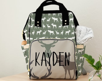 Baby Boy Diaper Bag, Woodland Deer Backpack Diaper Bag, Sage Green Personalized Baby Boy Gift