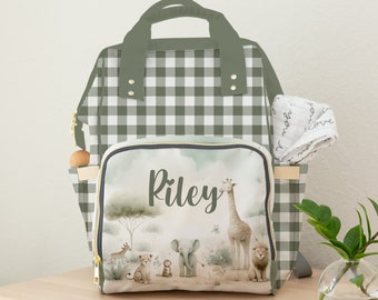 Diaper Bag Baby, Safari Themed Personalized Baby Backpack Diaper Bag, Baby Gift with Name, Sage Green Checkered Diaper Bag, Gender Neutral