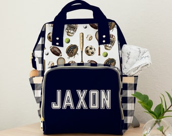 Sports Theme Diaper Bag Backpack, Personalized Baby Bag, Baseball, Football, Multisports Baby Boy Shower Gift, Navy Blue Hospital Bag Baby