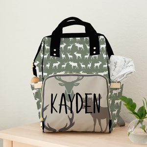 Baby Boy Diaper Bag, Woodland Deer Backpack Diaper Bag, Sage Green Personalized Baby Boy Gift image 1