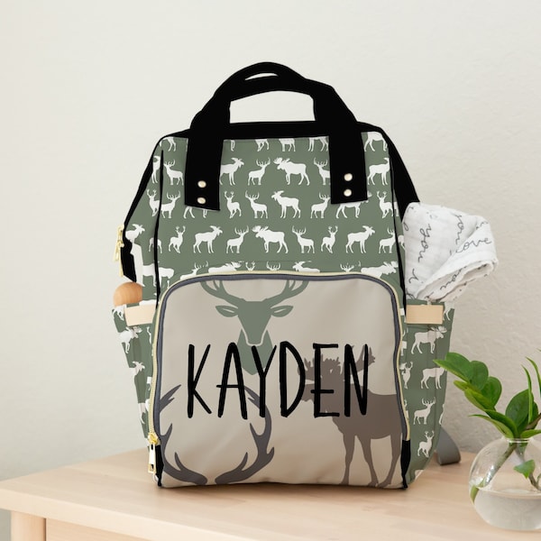 Baby Boy Diaper Bag, Woodland Deer Backpack Diaper Bag, Sage Green Personalized Baby Boy Gift