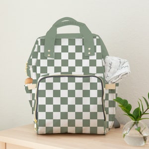 Diaper Bag Backpack in Sage Check, Neutral Backpack Diaper Bag, Sage Green Checker Diaper Bag, Baby Shower Gift, Custom Name Diaper Bag