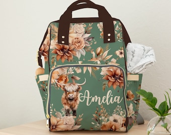 Personalized Highland Cow Diaper Bag Backpack: Teal Floral Baby Girl Gift