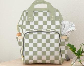 Diaper Bag Backpack in Celery Checker, Neutral Backpack Diaper Bag, Sage Green Check Diaper Bag, Baby Shower Gift