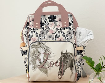 Diaper Bag Girl, Horses, Horse Baby Girl Personalized Backpack Diaper Bag, Floral, Baby Girl Shower Gift, Baby Bag with Name