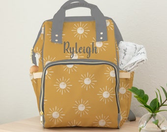 Diaper Bag Backpack, Yellow Sun Neutral Personalized Baby Diaper Bag, Baby Gift