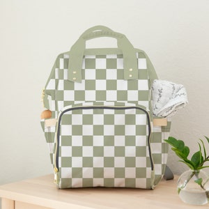 Diaper Bag Backpack in Celery Checker, Neutral Backpack Diaper Bag, Sage Green Check Diaper Bag, Baby Shower Gift