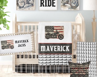 Motorcycle Crib Bedding Set: Biker Baby Nursery, American Flag
