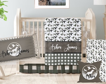 Duck Hunting Crib Bedding Set, Baby Boy Bedding Crib Sets, Personalized Baby Bedding, Baby Boy Shower Gift, Baby Name Blanket