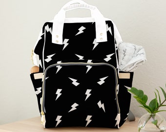 Lightening Bolt Diaper Bag Backpack, Black and White Diaper Bag