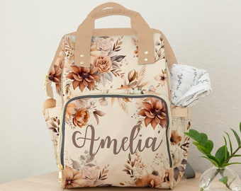 Diaper Bag Backpack Baby Girl in Neutral Florals, Personalized Diaper Bag, Cream Tan Brown Flower Daycare Diaper Bag with Name, Shower Gift