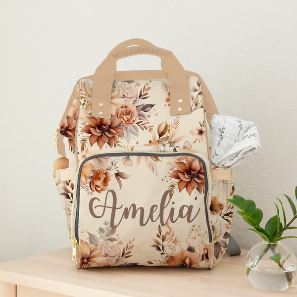 Diaper Bag Backpack Baby Girl in Neutral Florals, Personalized Diaper Bag, Cream Tan Brown Flower Daycare Diaper Bag with Name, Shower Gift