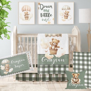 Teddy Bear Crib Bedding Set, Baby Crib Bedding, Sage Green Teddy Bear Bedding Set, Teddy Bear Nursery Bedding, Hot Air Balloon Nursery