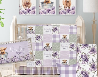 Highland Cow Girl Nursery, Baby Crib Bedding Set, Purple Lavender Personalized Baby Girl Bedding and Nursery Decor