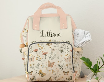 Personalized Baby Girl Diaper Bag Backpack: Butterfly Wildflower Design